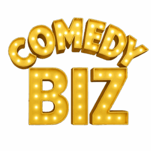 Comedy Biz illuminated marquee-style text logo.